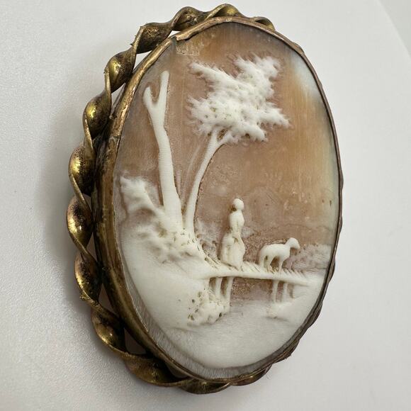 Antique Victorian gold filled woman with dog bridge carved shell cameo brooch - Picture 4 of 9